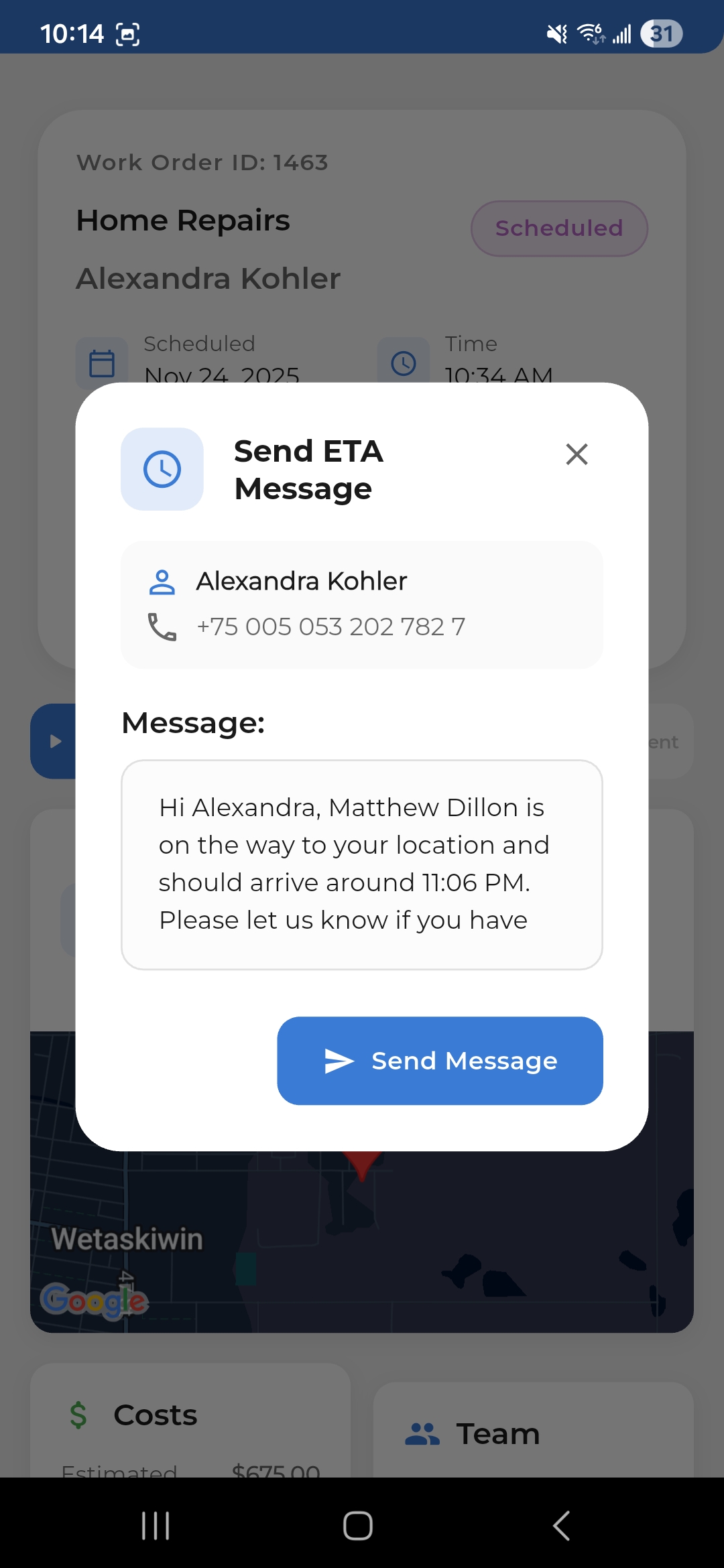 Shyft Pro mobile app ETA notification and customer messaging interface