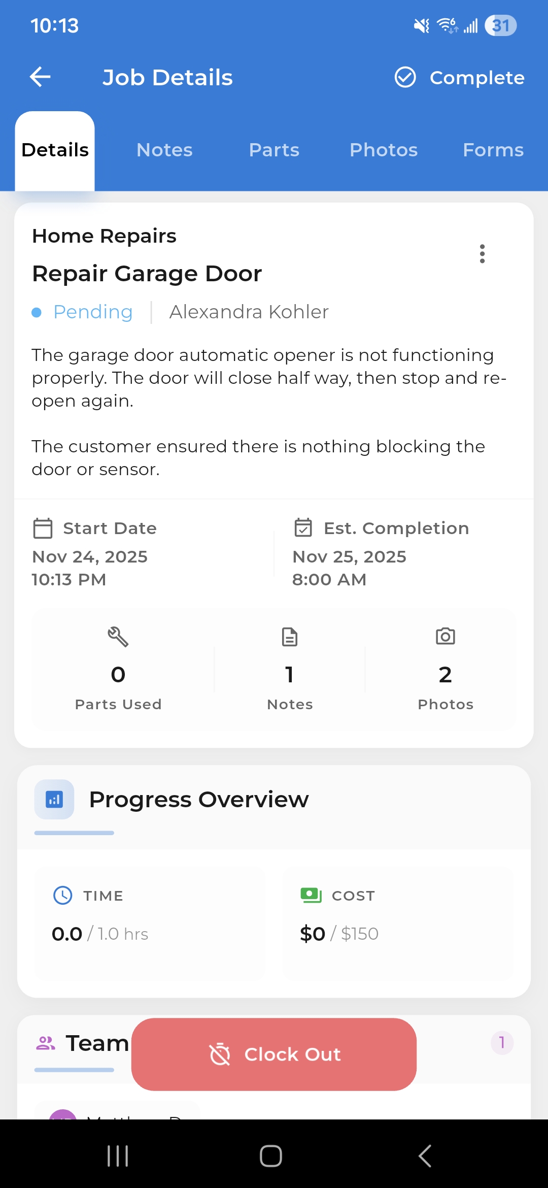Shyft Pro mobile app job details screen with progress tracking and field notes