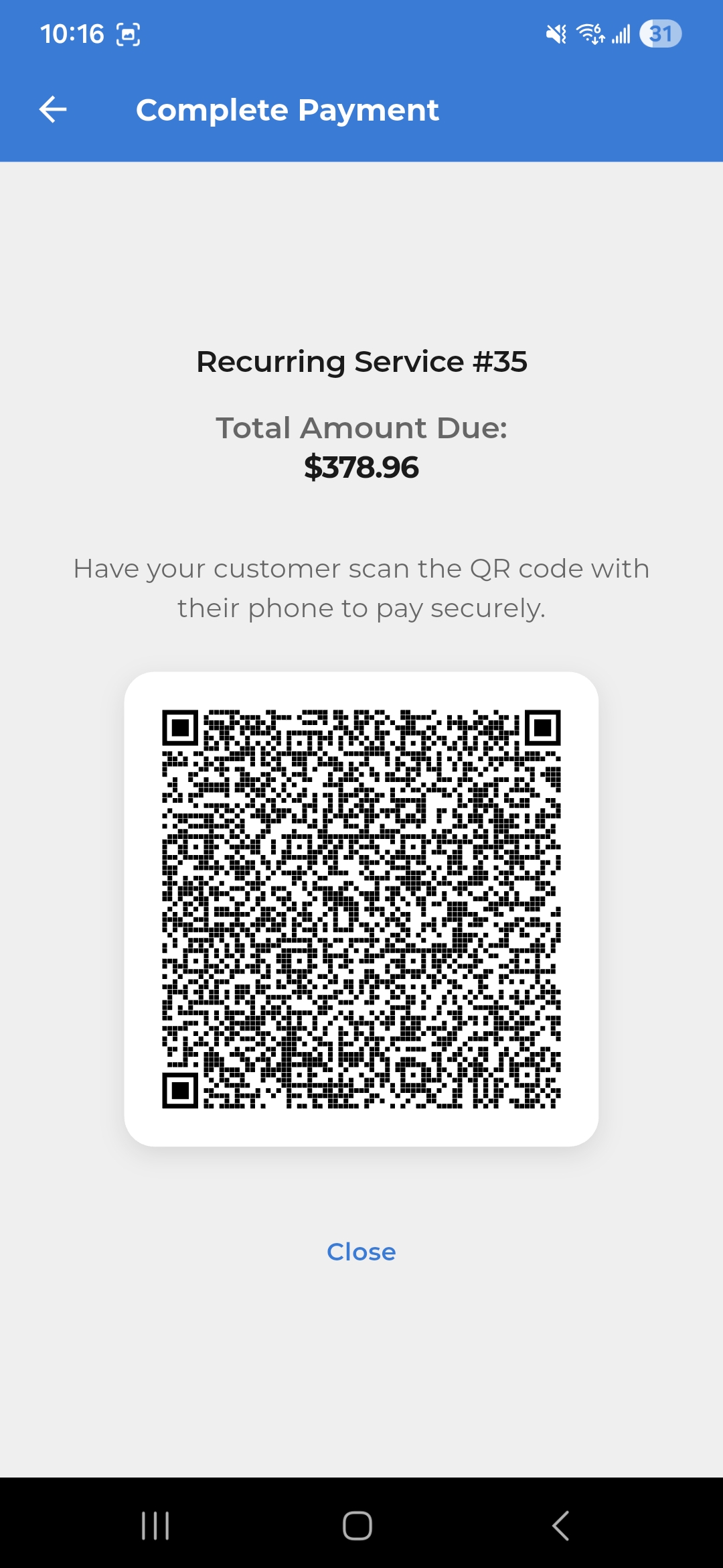 Shyft Pro mobile app on-site payment collection screen with Stripe integration
