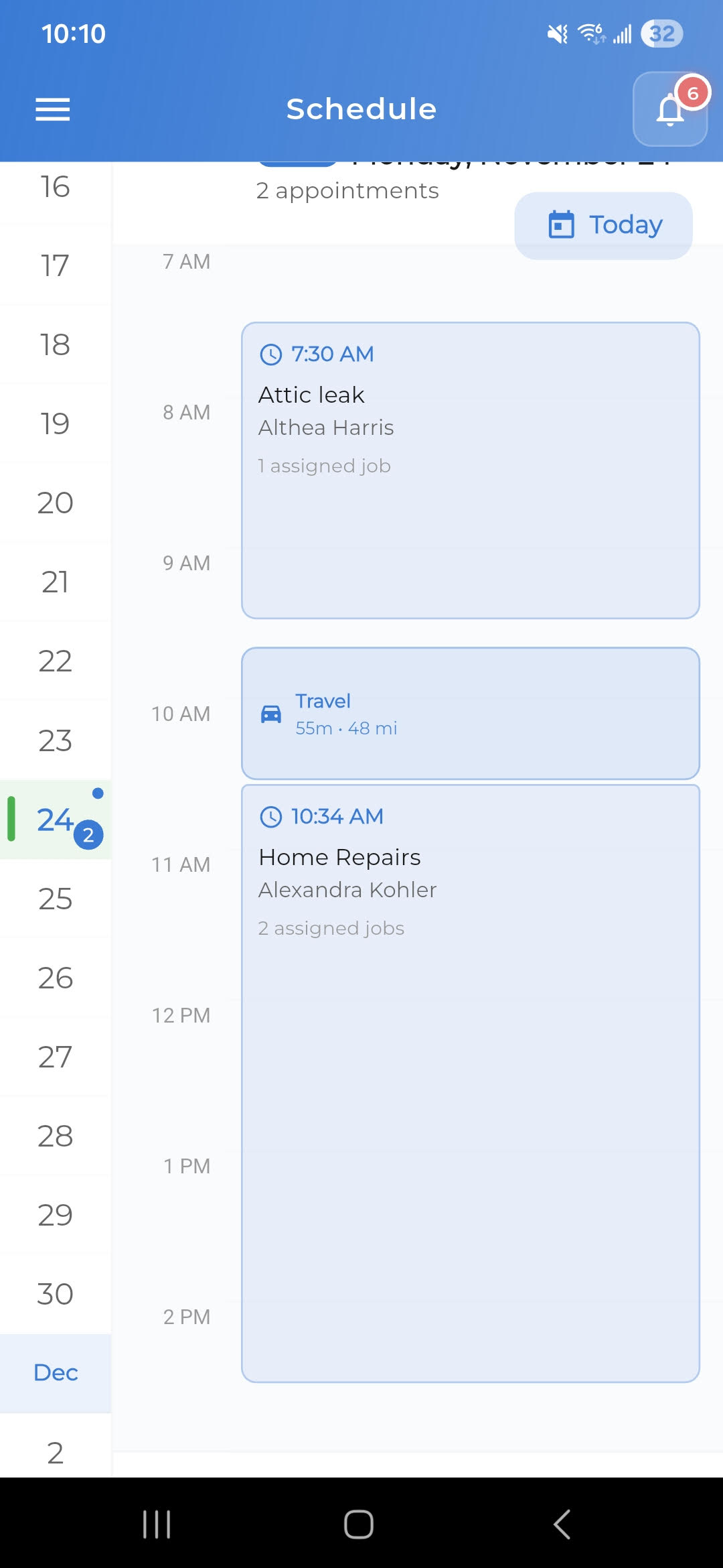 Shyft Pro mobile app showing technician daily schedule and work order list view