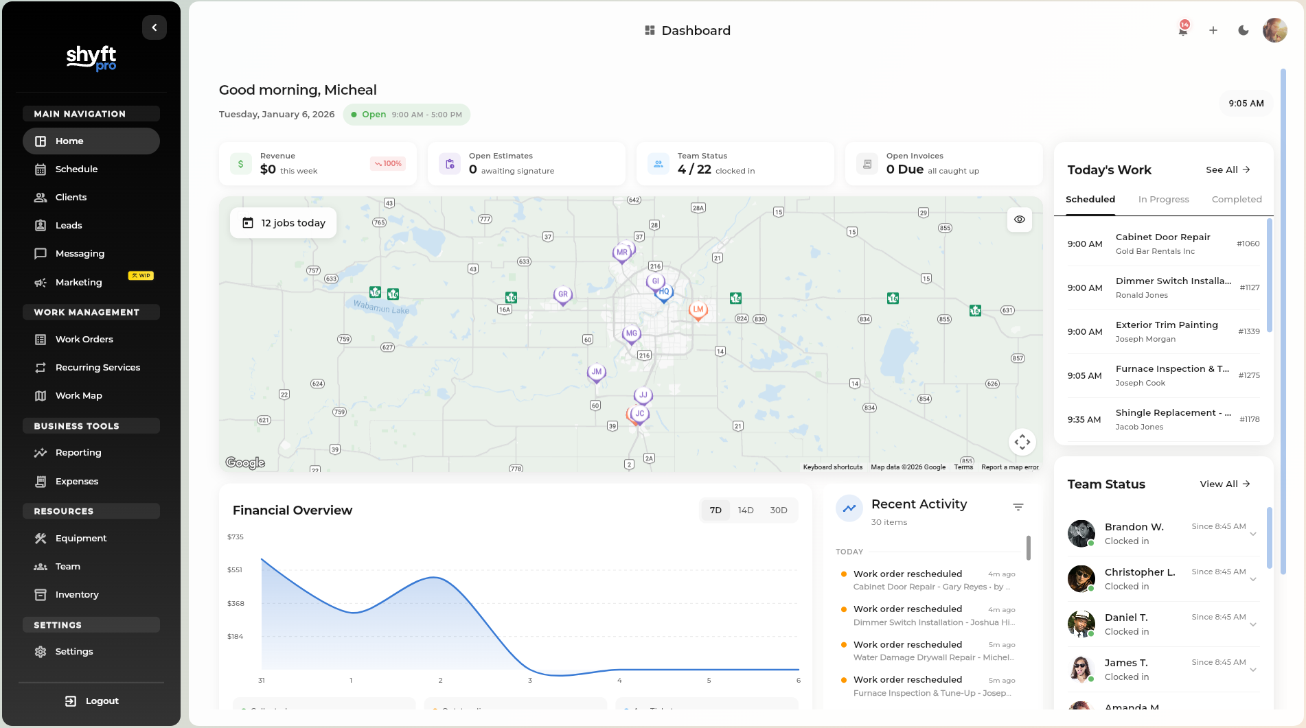Shyft Pro field service management software dashboard