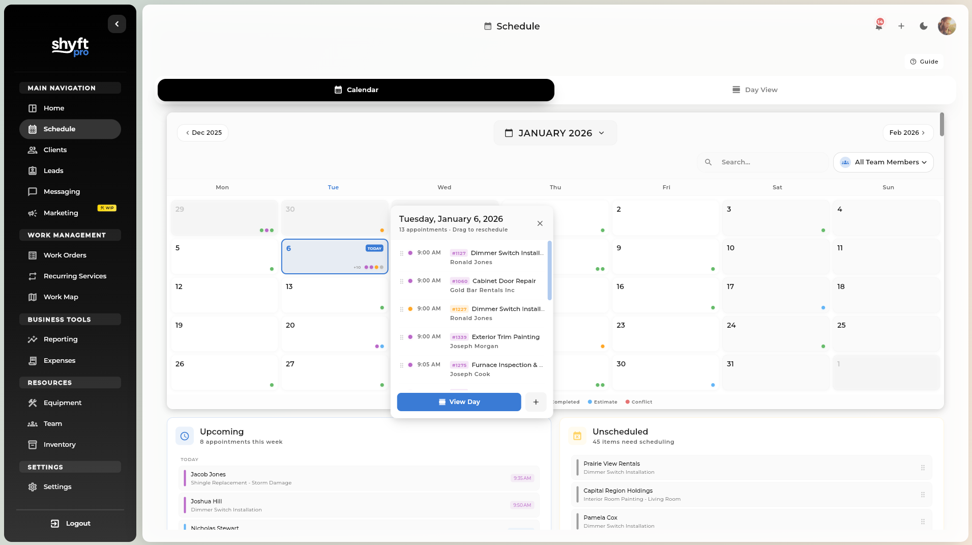 Shyft Pro scheduling calendar with drag-and-drop job assignment